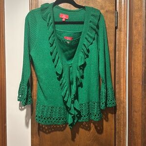 Oscar de la Renta 2pc Set Tank & Cardigan Size XL Green Knit Crochet & Ruffles